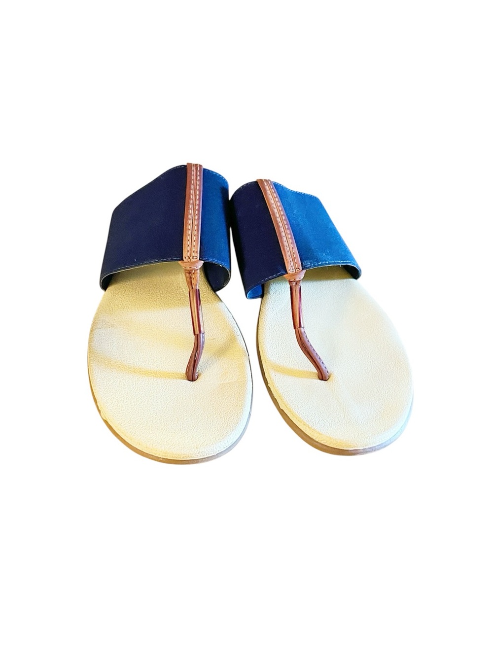 Navy Slip-On Thong Sandals w/brown leather straps and tan soles. Very comfy! 10. - Picture 2 of 4